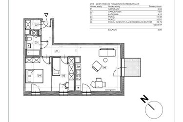 Rzut - Mieszkanie na sprzedaż 3 pokoje o powierzchni 63,3 m² - numer J.M15 w Osiedle Glivia Zachodnia