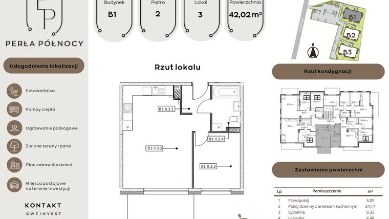 Rzut - Mieszkanie na sprzedaż 2 pokoje o powierzchni 42,02 m² - numer B1.2_3 w Perła Północy etap 2