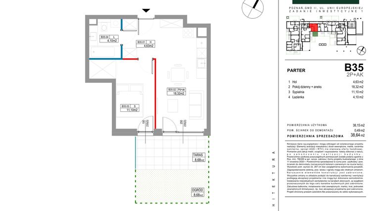 Rzut - Mieszkanie na sprzedaż 2 pokoje o powierzchni 38,64 m² - numer B035 w Grunwald Między Drzewami etap II