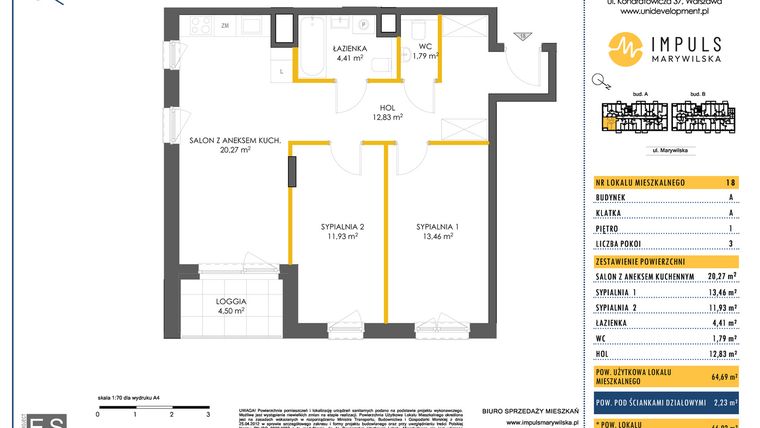 Rzut - Mieszkanie na sprzedaż 3 pokoje o powierzchni 64,69 m² - numer A/18 w Impuls Marywilska