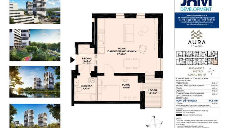 Rzut - Mieszkanie na sprzedaż 2 pokoje o powierzchni 44,63 m² - numer A.1.1U w Aura Towers