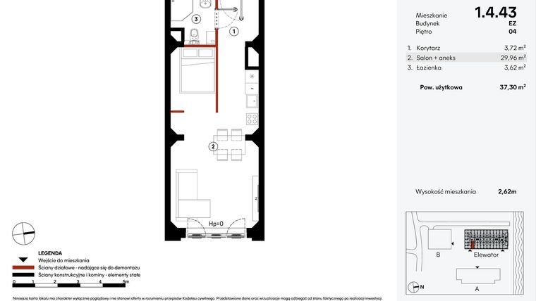 Rzut - Mieszkanie na sprzedaż 1 pokój o powierzchni 37,3 m² - numer EZ.1.4.43 w Elewator - Mieszkania i Lofty