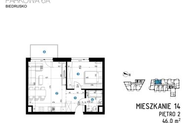 Rzut - Mieszkanie na sprzedaż 2 pokoje o powierzchni 46 m² - numer 6A.14 w Parkowa 6AC - ETAP III