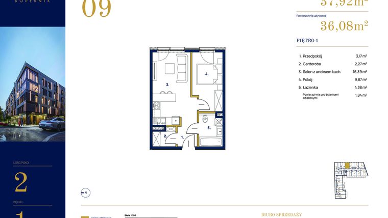 Rzut - Mieszkanie na sprzedaż 2 pokoje o powierzchni 37,92 m² - numer M09 w Stacja Kopernik