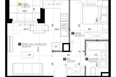 Rzut - Mieszkanie na sprzedaż 2 pokoje o powierzchni 39,37 m² - numer AA0207 w M Bemowo 3
