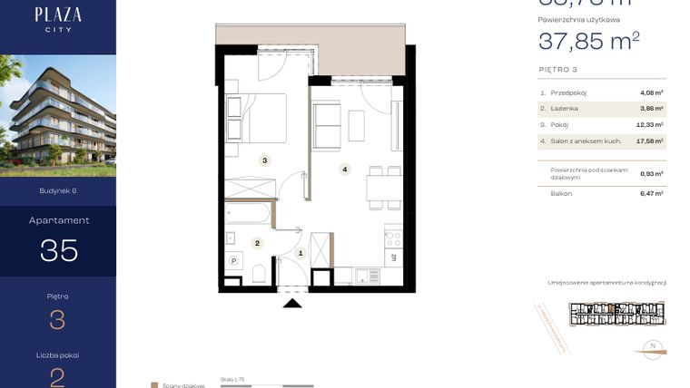 Rzut - Mieszkanie na sprzedaż 2 pokoje o powierzchni 38,78 m² - numer B6M35 w Plaza City