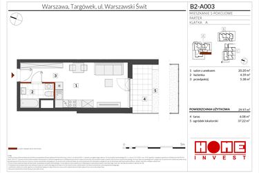 Rzut - Mieszkanie na sprzedaż 1 pokój o powierzchni 29,97 m² - numer B2-A003 w Warszawski Świt etap IX