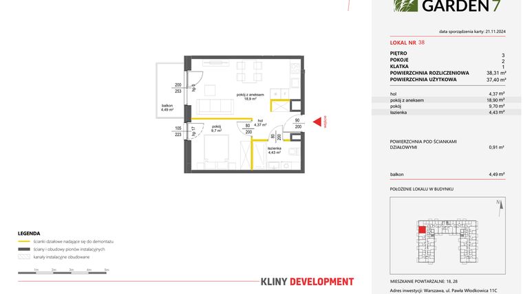 Rzut - Mieszkanie na sprzedaż 2 pokoje o powierzchni 38,31 m² - numer 38 w Nova Viva Garden 7