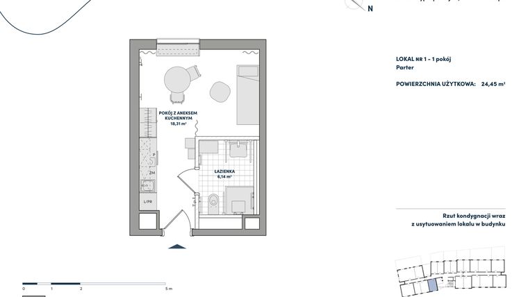 Rzut - Mieszkanie na sprzedaż 1 pokój o powierzchni 24,45 m² - numer 1 w AtHome - Apartamenty inwestycyjne