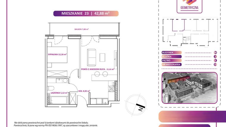 Rzut - Mieszkanie na sprzedaż 2 pokoje o powierzchni 42,88 m² - numer 23B w Geometryczna 5 - etap 3 - klatka I