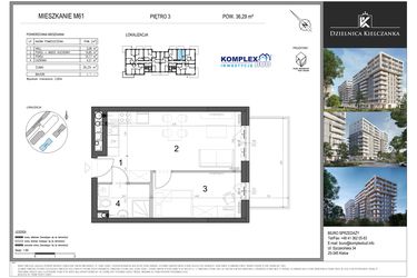 Rzut - Mieszkanie na sprzedaż 2 pokoje o powierzchni 36,29 m² - numer 61 w Dzielnica Kielczanka etap II