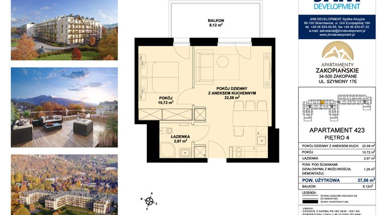 Rzut - Mieszkanie na sprzedaż 2 pokoje o powierzchni 37,56 m² - numer 423 w Apartamenty Zakopiańskie