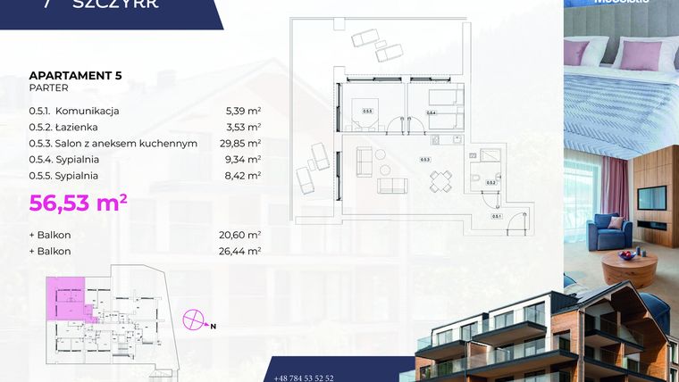 Rzut - Mieszkanie na sprzedaż 3 pokoje o powierzchni 56,53 m² - numer 5 w Novy Szczyrk