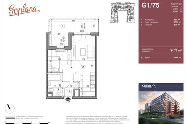 Rzut - Mieszkanie na sprzedaż 1 pokój o powierzchni 34,72 m² - numer G1/75 w Goplana budynek G
