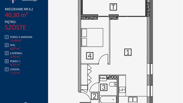 Rzut - Mieszkanie na sprzedaż 2 pokoje o powierzchni 40,3 m² - numer B2.M.6.2 w Tarasy Sobieskiego