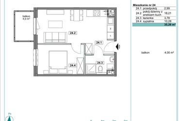 Rzut - Mieszkanie na sprzedaż 2 pokoje o powierzchni 35,4 m² - numer D.24 w Osiedle Kościuszki etap II