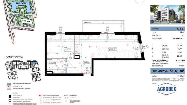 Rzut - Mieszkanie na sprzedaż 2 pokoje o powierzchni 51,41 m² - numer 7/77 w Nove Garby