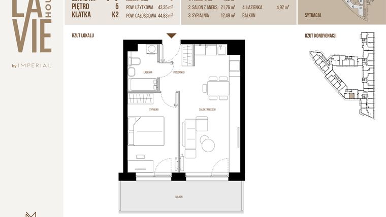 Rzut - Mieszkanie na sprzedaż 2 pokoje o powierzchni 43,35 m² - numer 71 w La Vie House