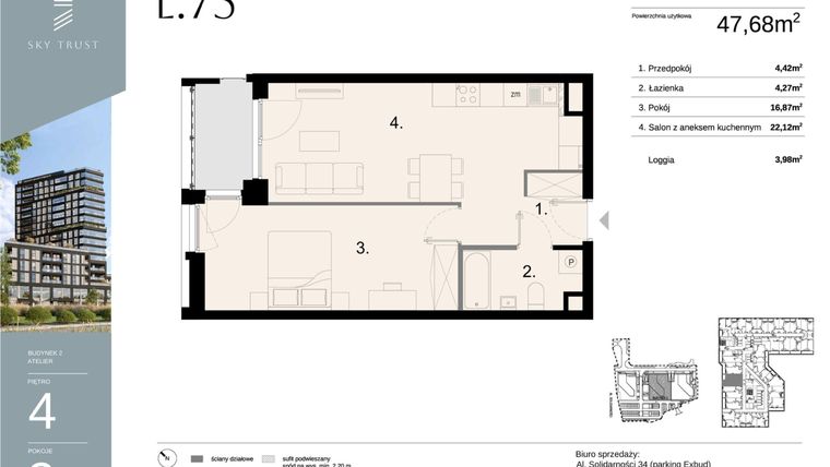 Rzut - Mieszkanie na sprzedaż 2 pokoje o powierzchni 47,68 m² - numer L75 w Sky Trust etap II - apartamenty inwestycyjne 23% VAT PRS