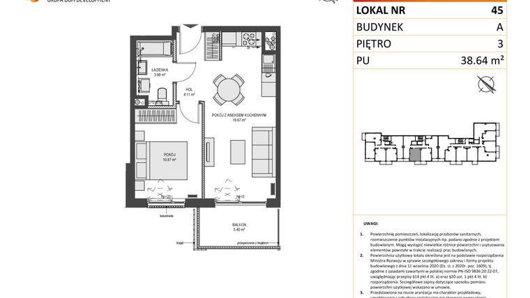 Rzut - Mieszkanie na sprzedaż 2 pokoje o powierzchni 38,64 m² - numer A45 w Przystań Brzeźno