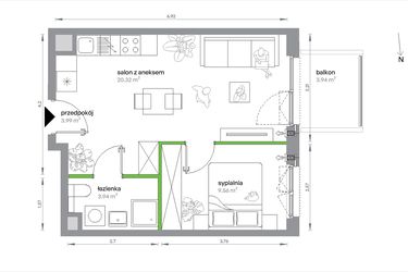 Rzut - Mieszkanie na sprzedaż 2 pokoje o powierzchni 37,81 m² - numer 1/A/3/13 w Sochaczewska Vita