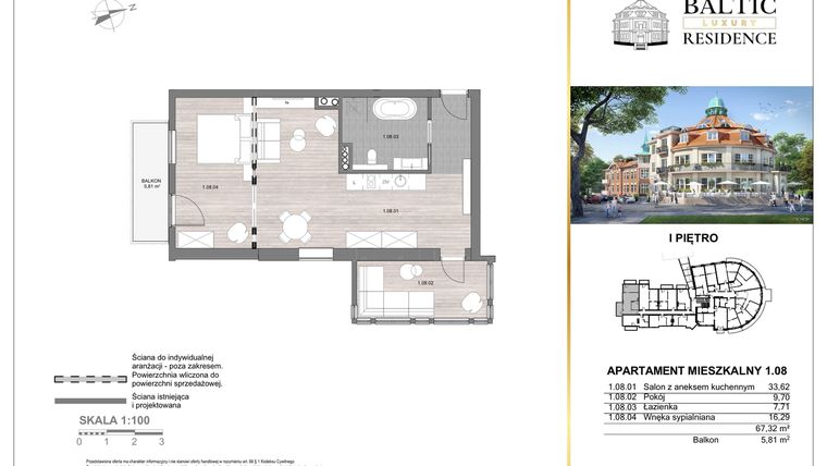 Rzut - Mieszkanie na sprzedaż 3 pokoje o powierzchni 67,32 m² - numer 1.08 w Baltic Luxury Residence