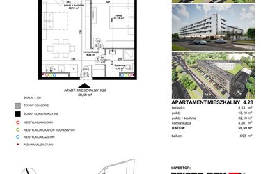 Rzut - Mieszkanie na sprzedaż 2 pokoje o powierzchni 59,11 m² - numer 4.28 w Apartamentowiec Zwycięska 3