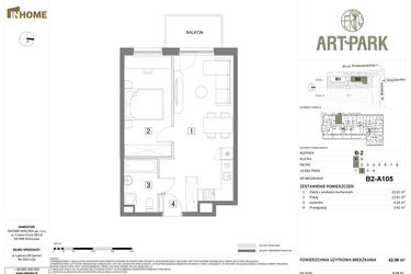 Rzut - Mieszkanie na sprzedaż 2 pokoje o powierzchni 42,58 m² - numer B.2.A105 w Inhome Osiedle ArtPark etap I