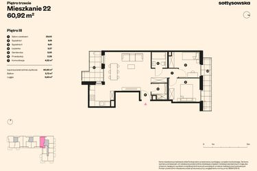 Rzut - Mieszkanie na sprzedaż 3 pokoje o powierzchni 60,92 m² - numer 22 w Sołtysowska