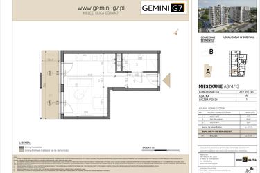 Rzut - Mieszkanie na sprzedaż 1 pokój o powierzchni 27,86 m² - numer A3/4/13 w GEMINI G-7