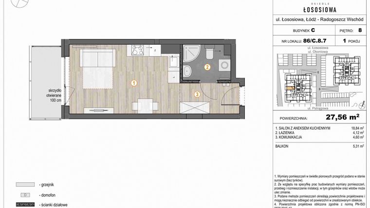 Rzut - Mieszkanie na sprzedaż 1 pokój o powierzchni 27,78 m² - numer 86 w Osiedle Łososiowa