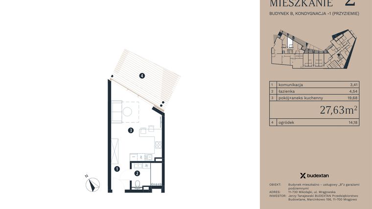 Rzut - Mieszkanie na sprzedaż 1 pokój o powierzchni 27,63 m² - numer M2 w Pratum Apartamenty Etap I
