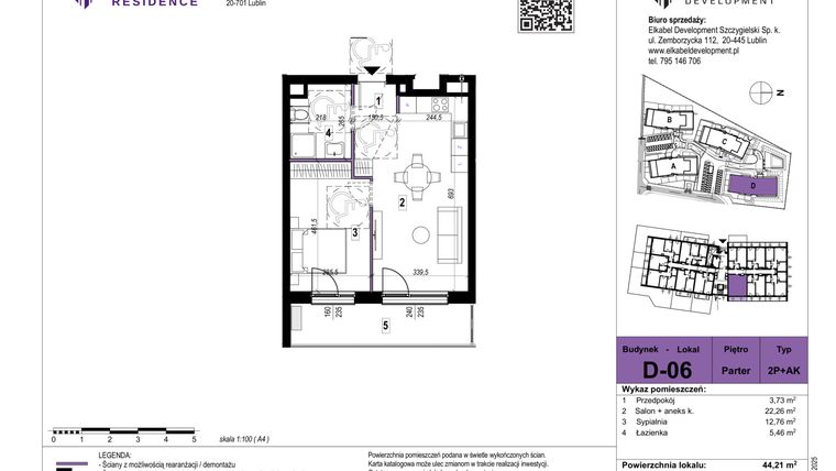 Rzut - Mieszkanie na sprzedaż 2 pokoje o powierzchni 44,21 m² - numer D-06 w Szerokie Residence