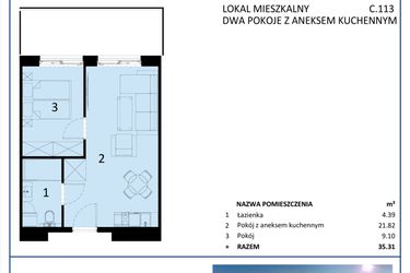 Rzut - Mieszkanie na sprzedaż 2 pokoje o powierzchni 35,31 m² - numer C.113 w Perłowa Przystań - Sianożęty - etap III