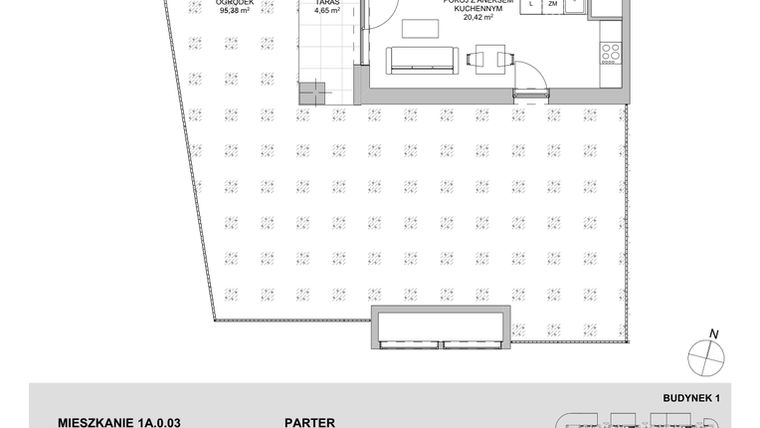 Rzut - Mieszkanie na sprzedaż 2 pokoje o powierzchni 44,46 m² - numer 1A.0.03 w Francuska Park VIIIB