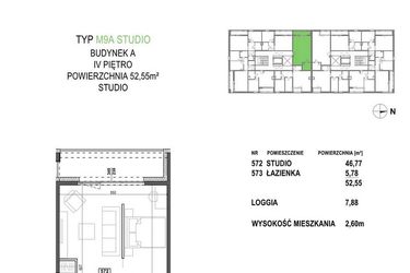 Rzut - Mieszkanie na sprzedaż 1 pokój o powierzchni 52,55 m² - numer M9A.P5 w Apartamenty Żorska