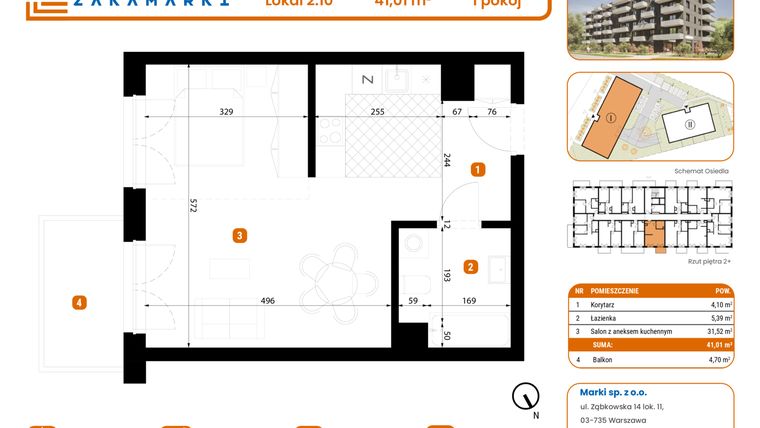 Rzut - Mieszkanie na sprzedaż 1 pokój o powierzchni 41,01 m² - numer B1/2/10 w Zakamarki