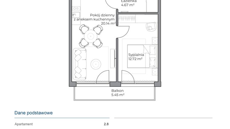 Rzut - Mieszkanie na sprzedaż 2 pokoje o powierzchni 37,59 m² - numer B.2.8 w Anchoria Holiday