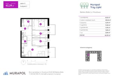 Rzut - Mieszkanie na sprzedaż 2 pokoje o powierzchni 62,29 m² - numer 2.A.3.10 w Murapol Trzy Lipki etap II