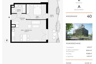 Rzut - Mieszkanie na sprzedaż 2 pokoje o powierzchni 45,39 m² - numer 40 w Semiramis