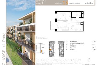 Rzut - Mieszkanie na sprzedaż 2 pokoje o powierzchni 43,44 m² - numer A.13 w Poezji