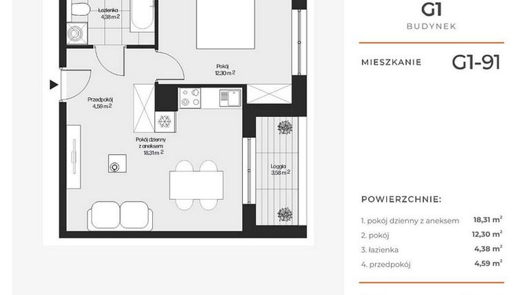 Rzut - Mieszkanie na sprzedaż 2 pokoje o powierzchni 39,58 m² - numer G1-91 w Piasta Park VI