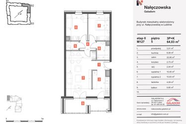 Rzut - Mieszkanie na sprzedaż 3 pokoje o powierzchni 64,03 m² - numer M-127 w Nałęczowska etap II