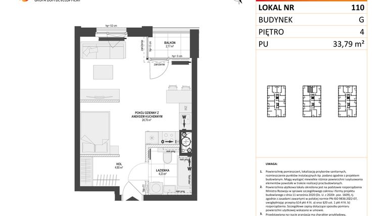Rzut - Mieszkanie na sprzedaż 1 pokój o powierzchni 33,79 m² - numer G.110 w DOKI etap II (bud. G)