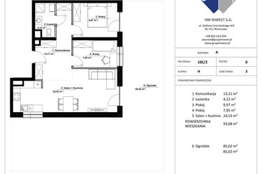 Rzut - Mieszkanie na sprzedaż 3 pokoje o powierzchni 59,68 m² - numer 10C/2 w Jasielska 8C etap II