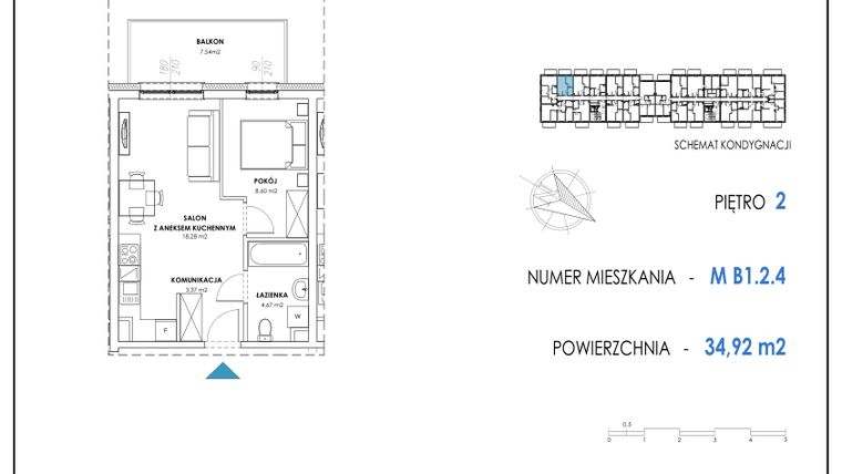 Rzut - Mieszkanie na sprzedaż 2 pokoje o powierzchni 34,92 m² - numer B1.2.4 w Apartamenty Nowe Miasto