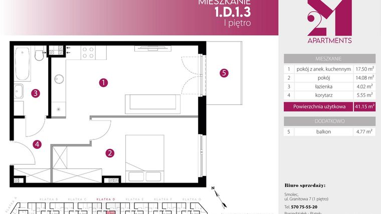 Rzut - Mieszkanie na sprzedaż 2 pokoje o powierzchni 41,15 m² - numer 1.D.1.3 w 2M Apartments etap IV