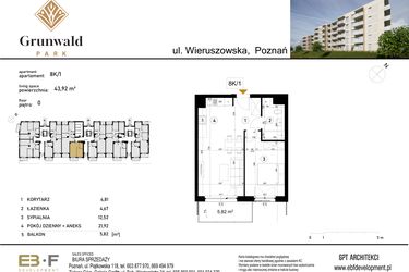 Rzut - Mieszkanie na sprzedaż 2 pokoje o powierzchni 43,92 m² - numer 8 K/1 w Grunwald Park
