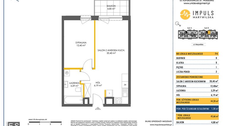 Rzut - Mieszkanie na sprzedaż 2 pokoje o powierzchni 44,28 m² - numer B/74 w Impuls Marywilska