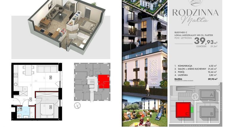 Rzut - Mieszkanie na sprzedaż 2 pokoje o powierzchni 39,93 m² - numer C5 w Rodzinna Malta